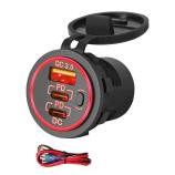 12V USB zásuvka nabíječky do auta Duální 30W PD USB-C a 18W QC3.0 LED Červená 